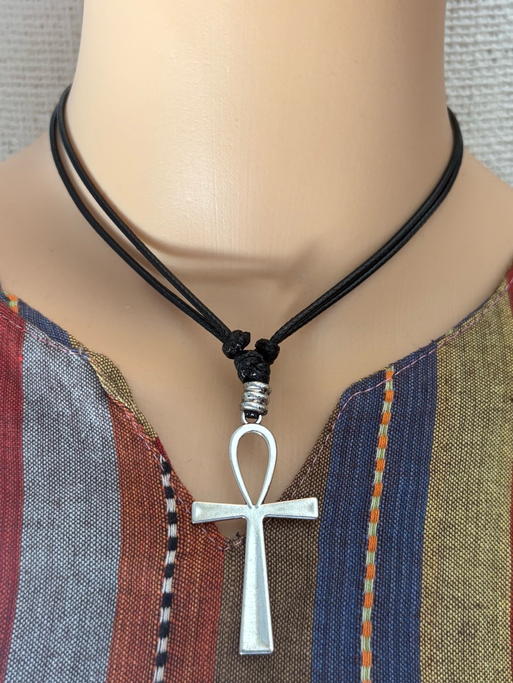 Silver Ankh Pendant Necklace on Black Cord. Stainless steel